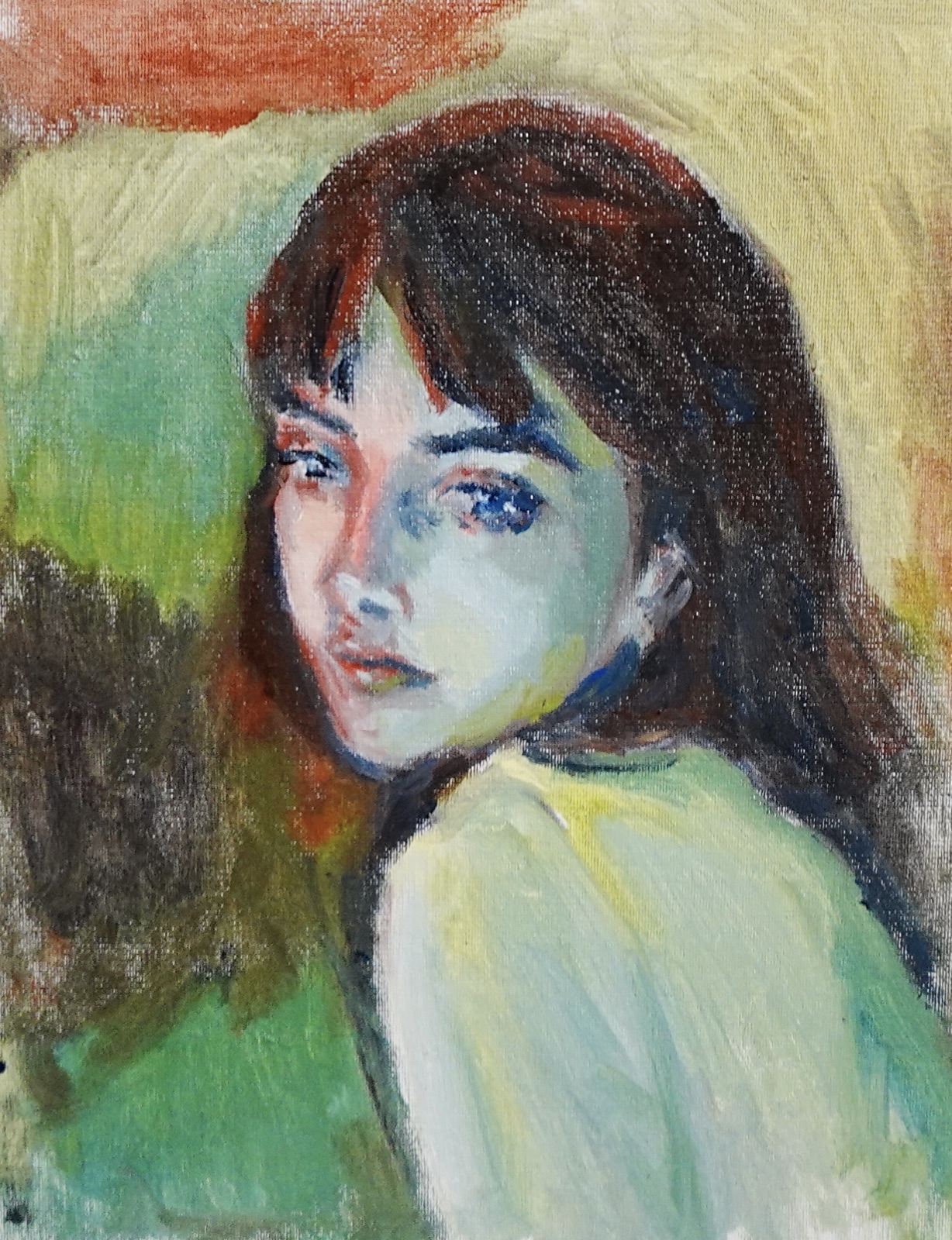Green Light, small original oil painting on paper by Mia Cugasi, green tones, 10 by 6 inches